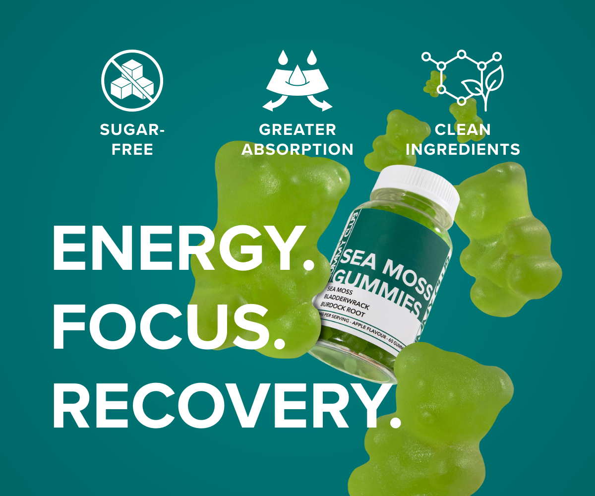 Sea Moss Gummies with a bottle on a teal background, featuring icons for sugar-free, greater absorption, and clean ingredients