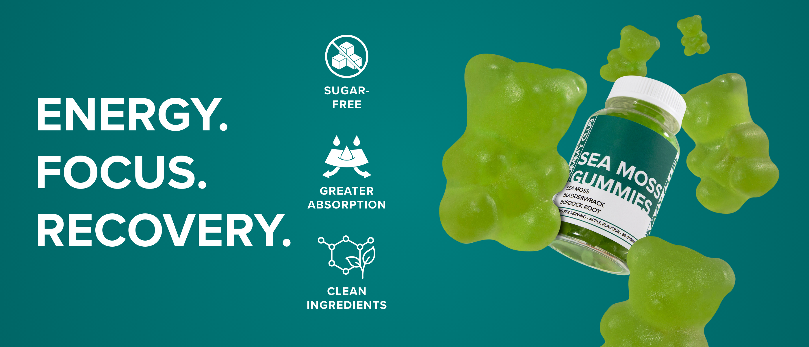 Sea Moss Gummies bottle with green gummy bears on a teal background, featuring text about product benefits