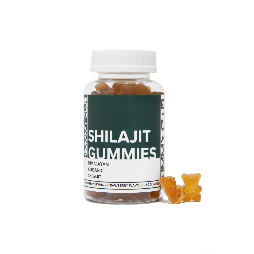 Bottle of Shilajit Gummies with gummy bears on a white background