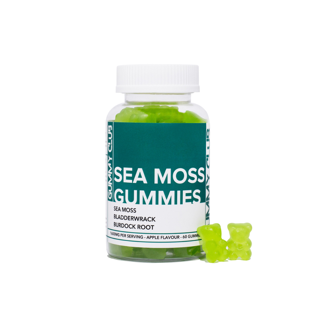 Bottle of Sea Moss Gummies with a gummy bear on a white background