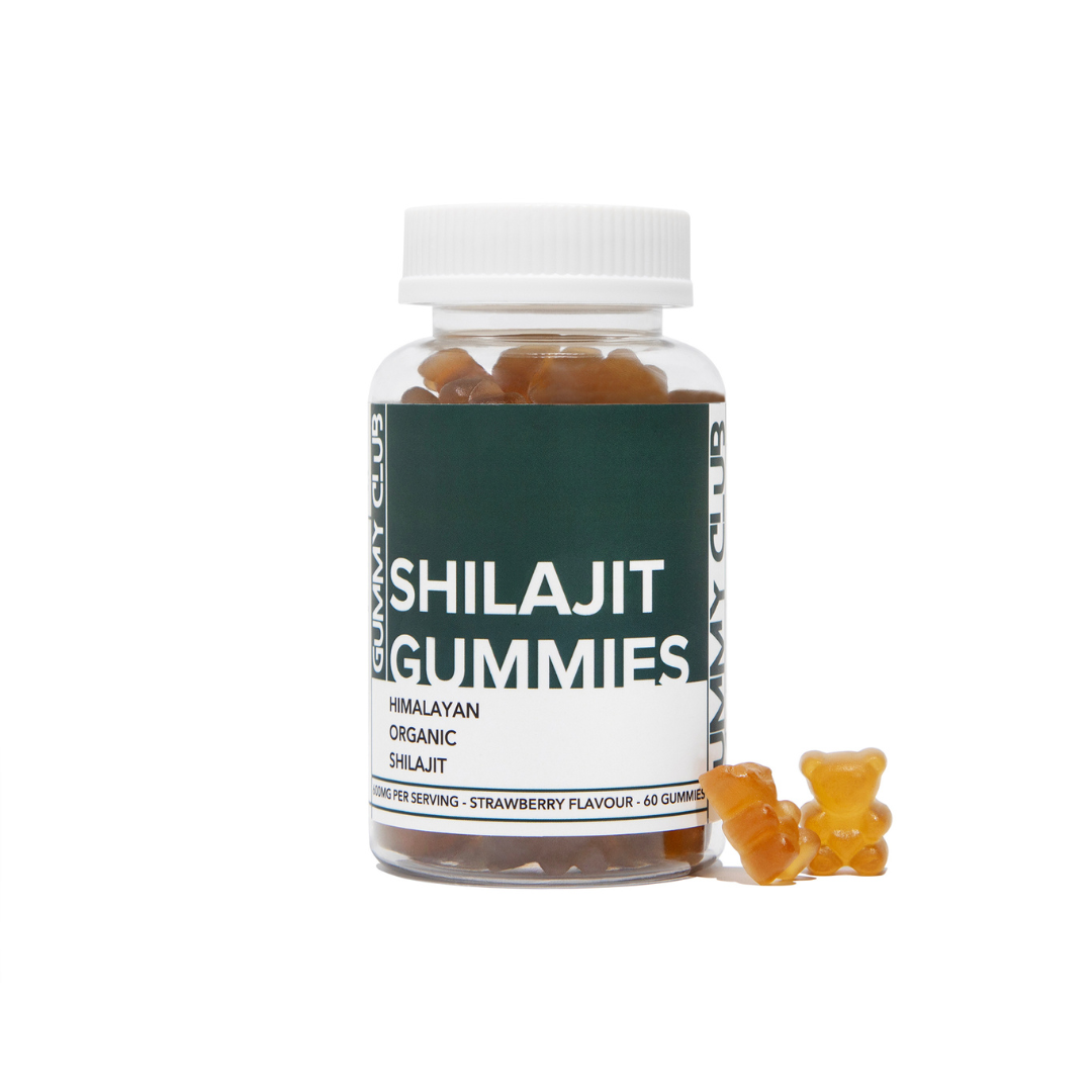 Bottle of Shilajit Gummies with gummy bears on a white background