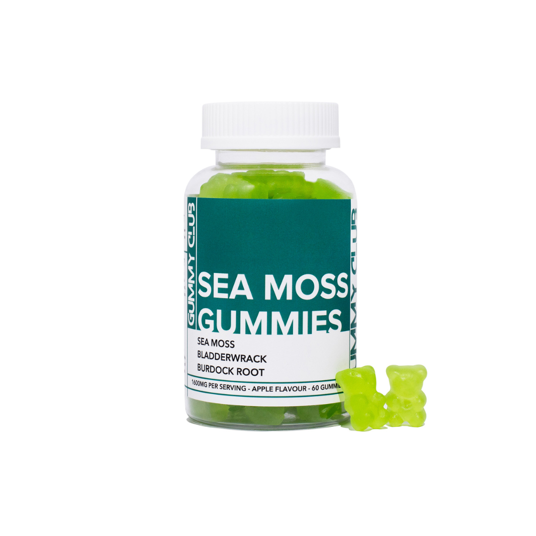 Bottle of Sea Moss Gummies with gummy bears on a white background